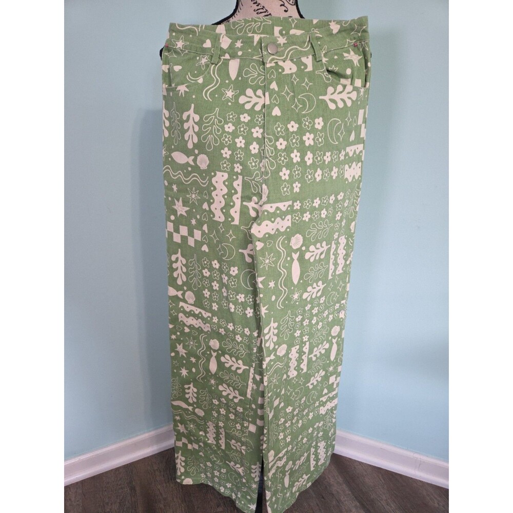 Bailey Rose Jeans Women's Wide Leg 2 Pocket Print Bottoms Green White small